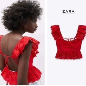 ZARA Openwork Embroidered Red Ruffle Top